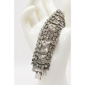 Vintage Clear Rhinestone Wide Bracelet 7 Row Bridal Prom 7.25"